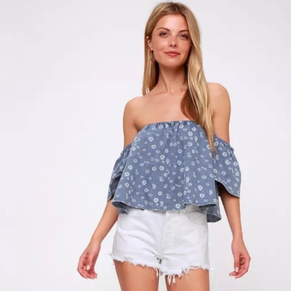 Lulus Carmelia Blue Floral Print Chambray Off-the-Shoulder Crop Top Size Small